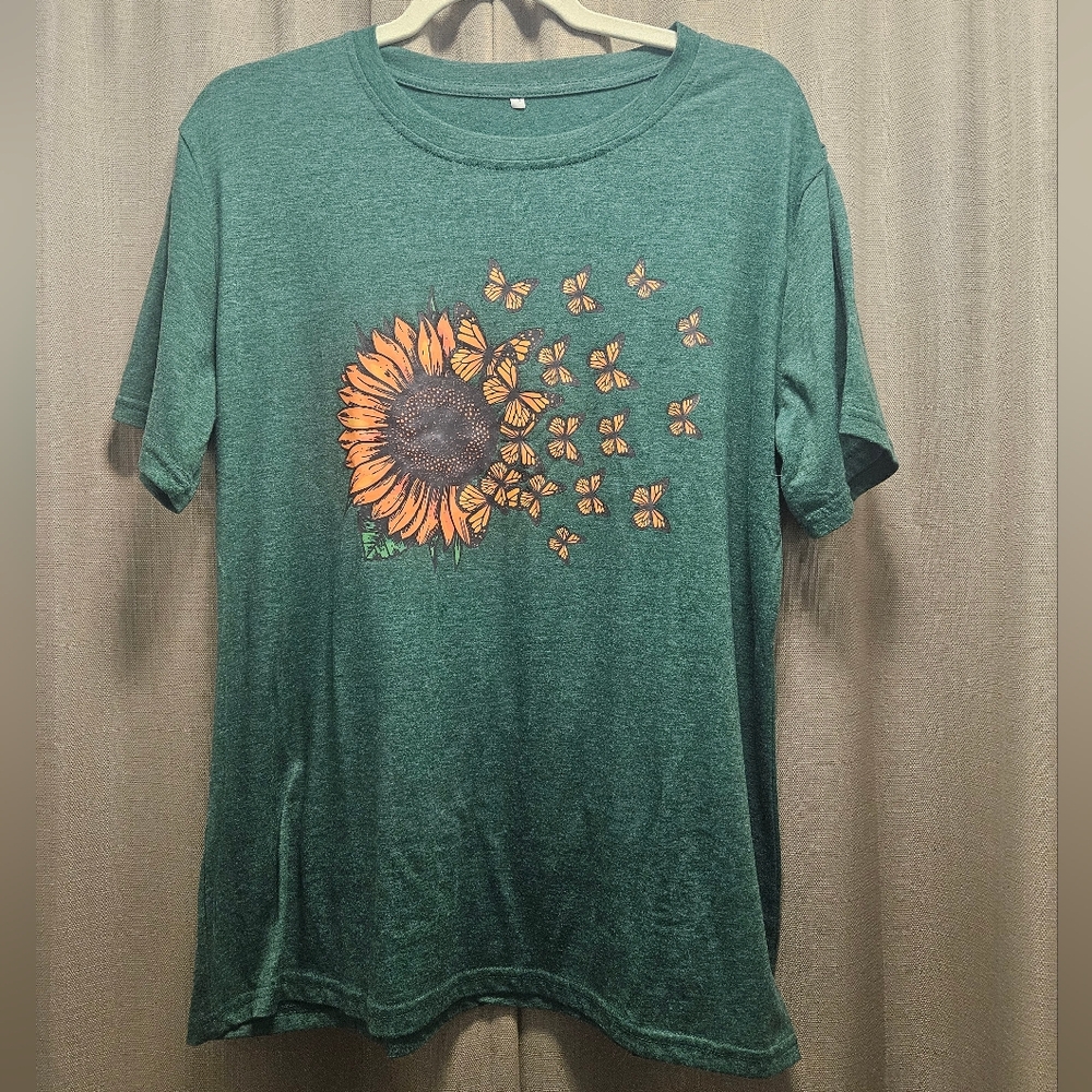 Green T-Shirt with Sunflower and Butterflies